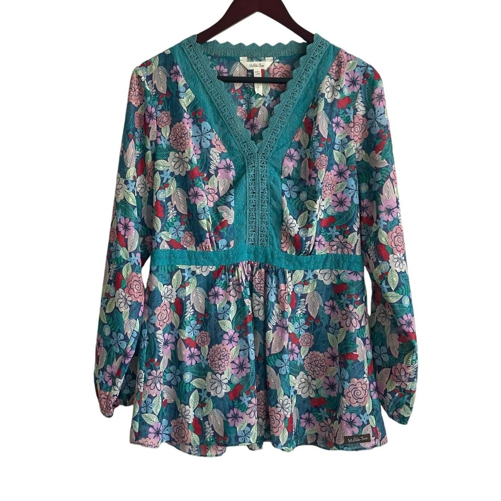 Matilda Jane Prairie Babydoll Tunic Top M Teal Pink Floral Cottage Romantic Boho